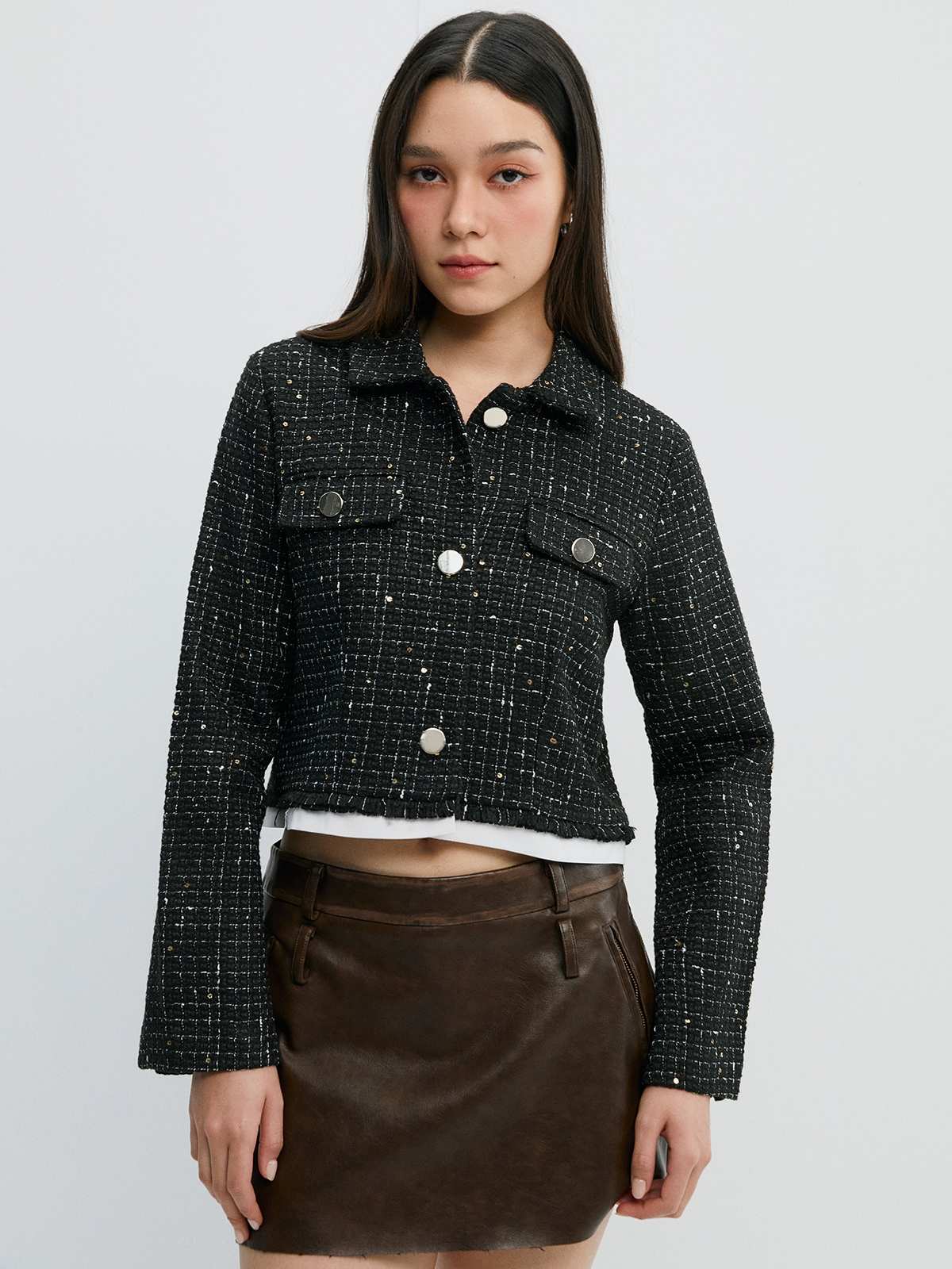 Pomelo Fashion Cropped Tweed Blazer - Black