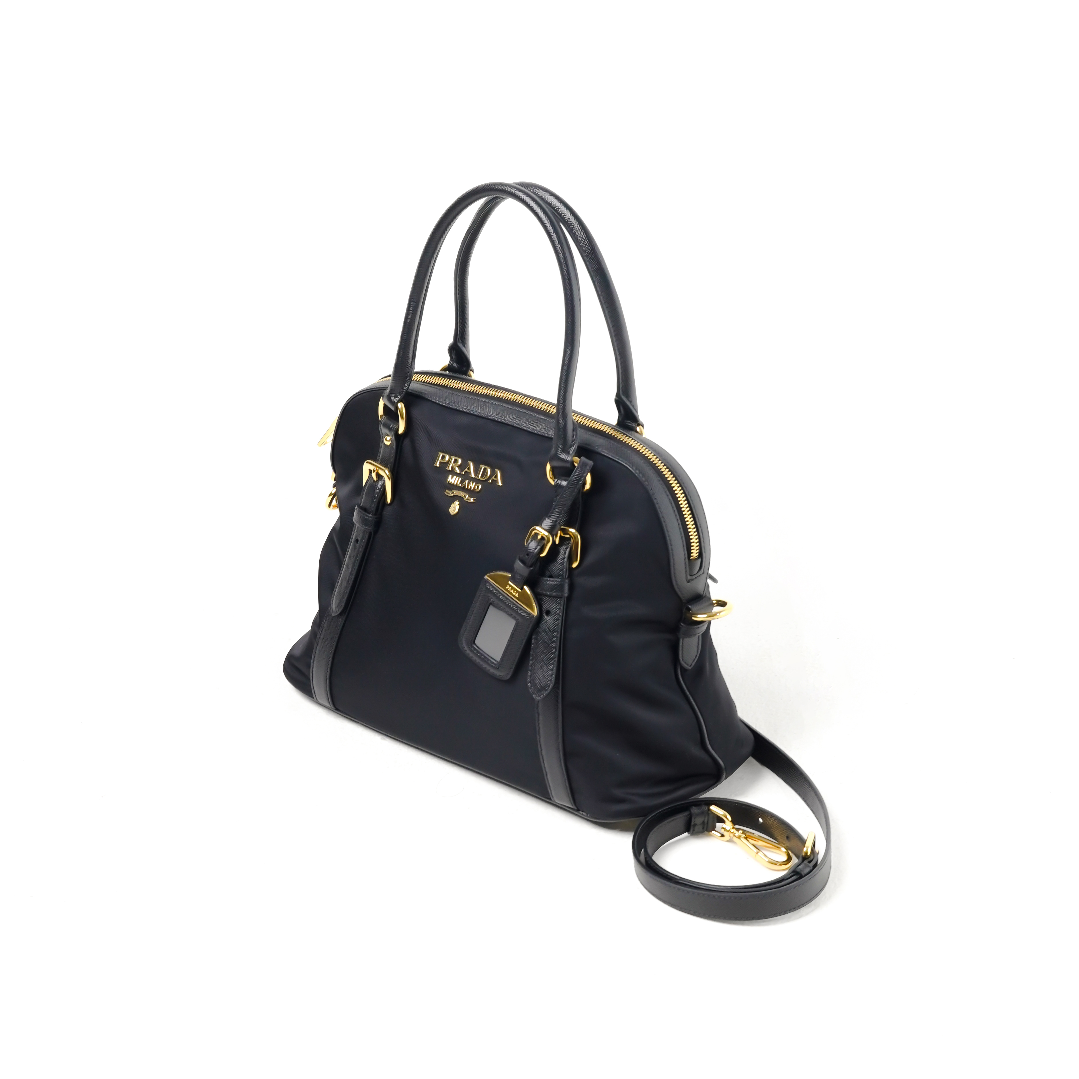 Prada Tas PRADA RE-NYLON SAFFIANO GHW BLACK TOP HANDLE BAG WITH LS 100% ORIGINAL