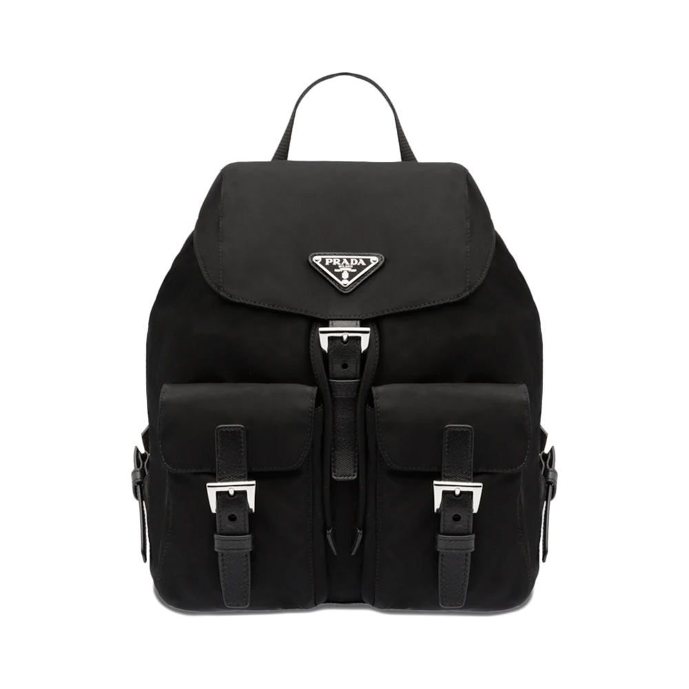 Prada Small Re-Nylon Triangle Metal Logo Backpack Black
