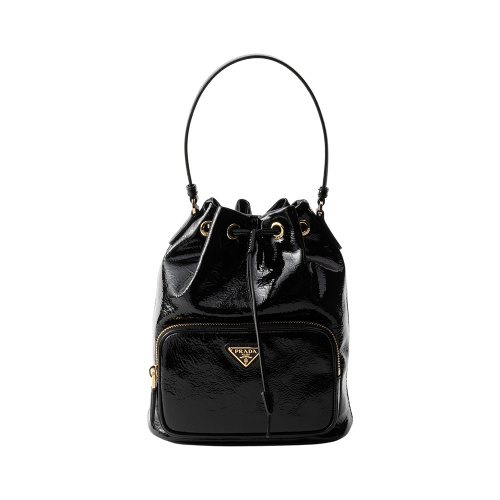 Prada Duet Naplak Patent Leather Bucket Bag Black