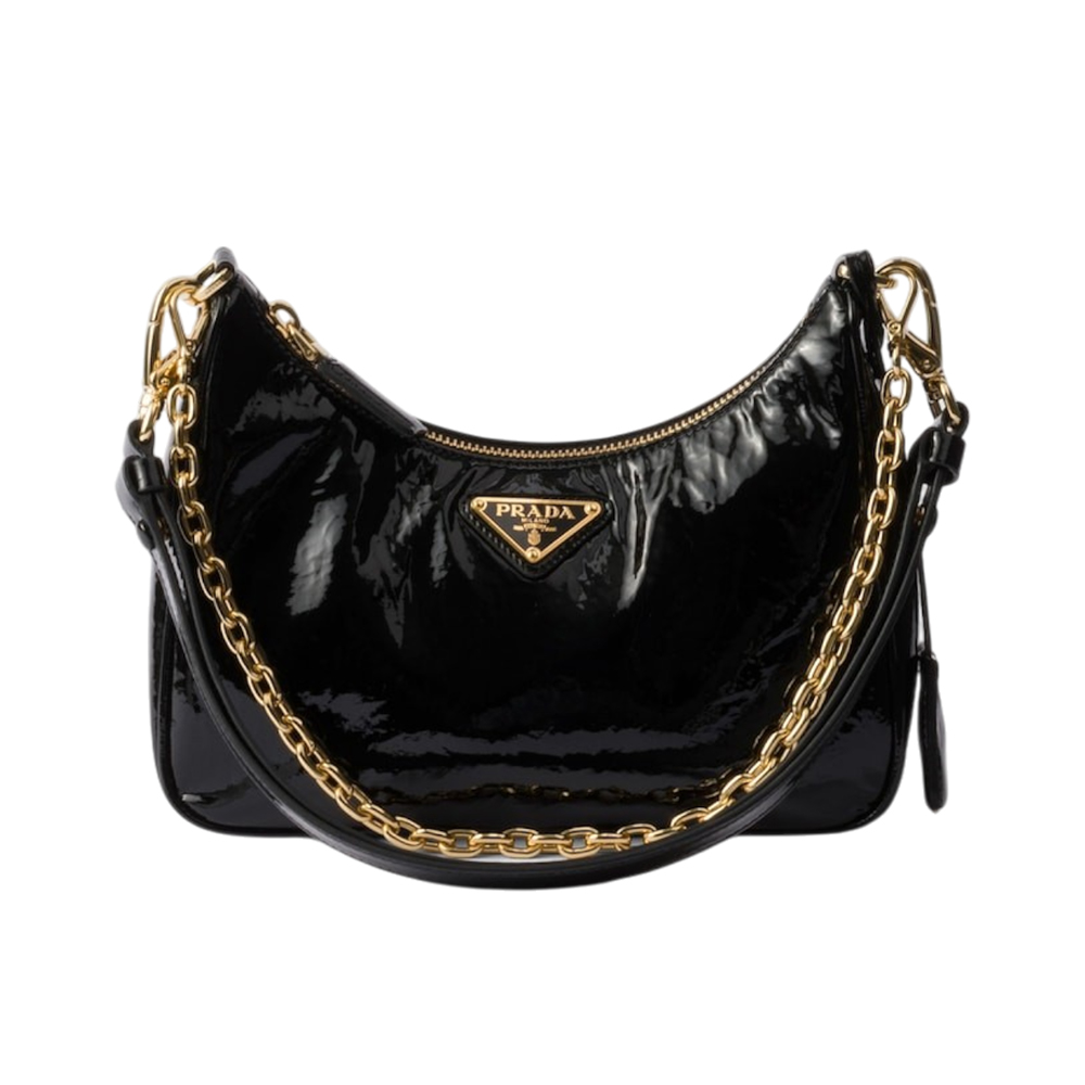 Prada Re-Edition Naplak Patent Leather with Chain Mini Shoulder Bag Black