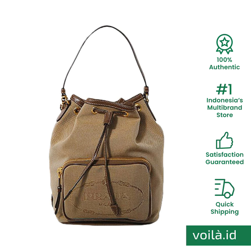 Prada Jacquard Canvas Duet Shoulder Bag Natural Brown