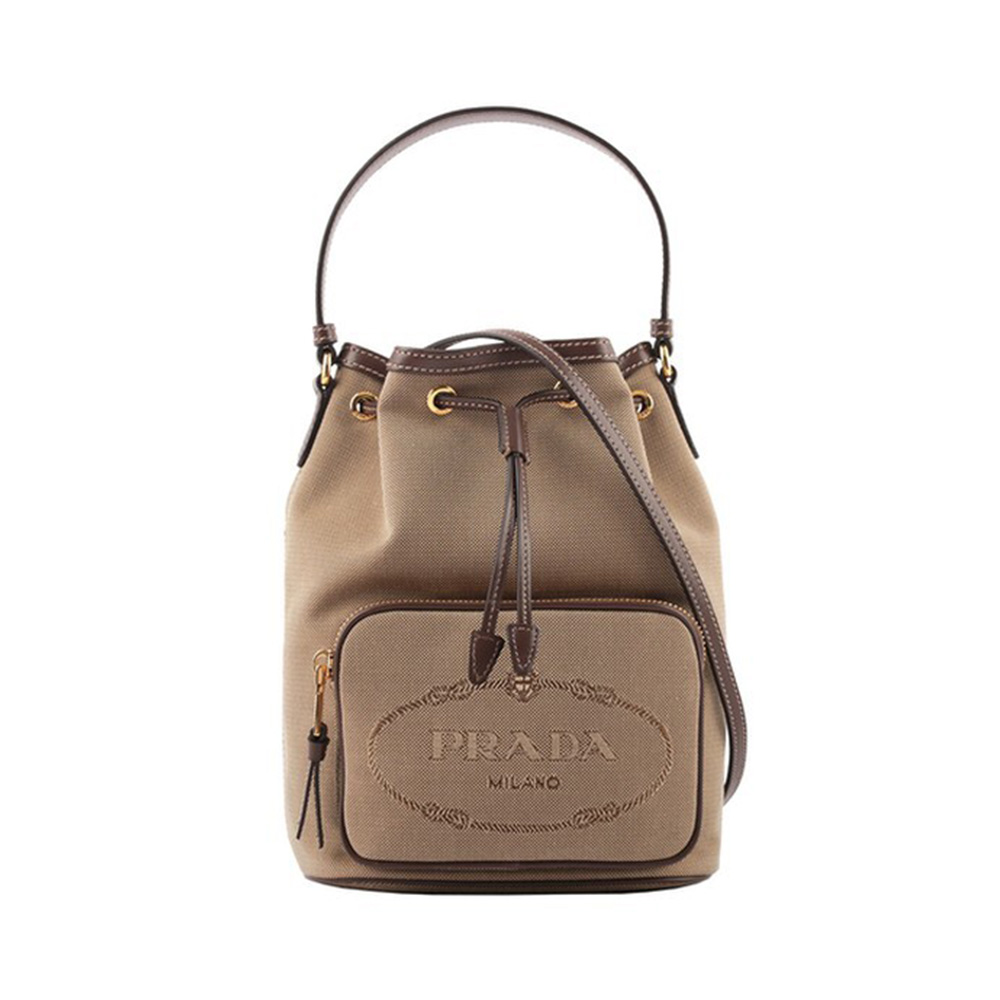 Prada Jacquard Canvas Duet Medium Bucket Shoulder Bag Brown