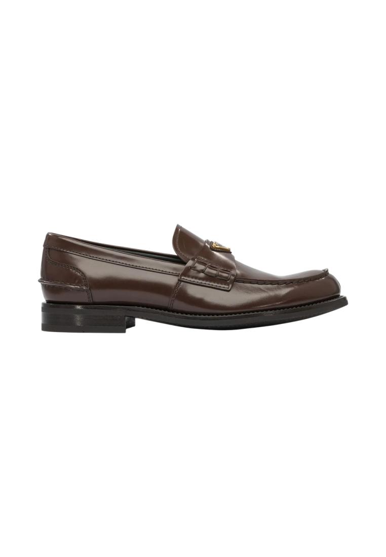 Prada Brushed Leather Loafers with Enamel Metal Triangle Logo Brown