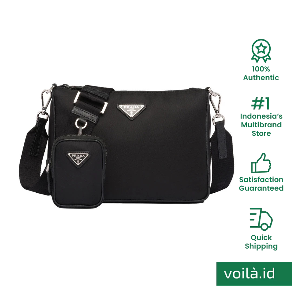 Prada Triangular Logo Nylon and Saffiano Leather Shoulder Bag Black