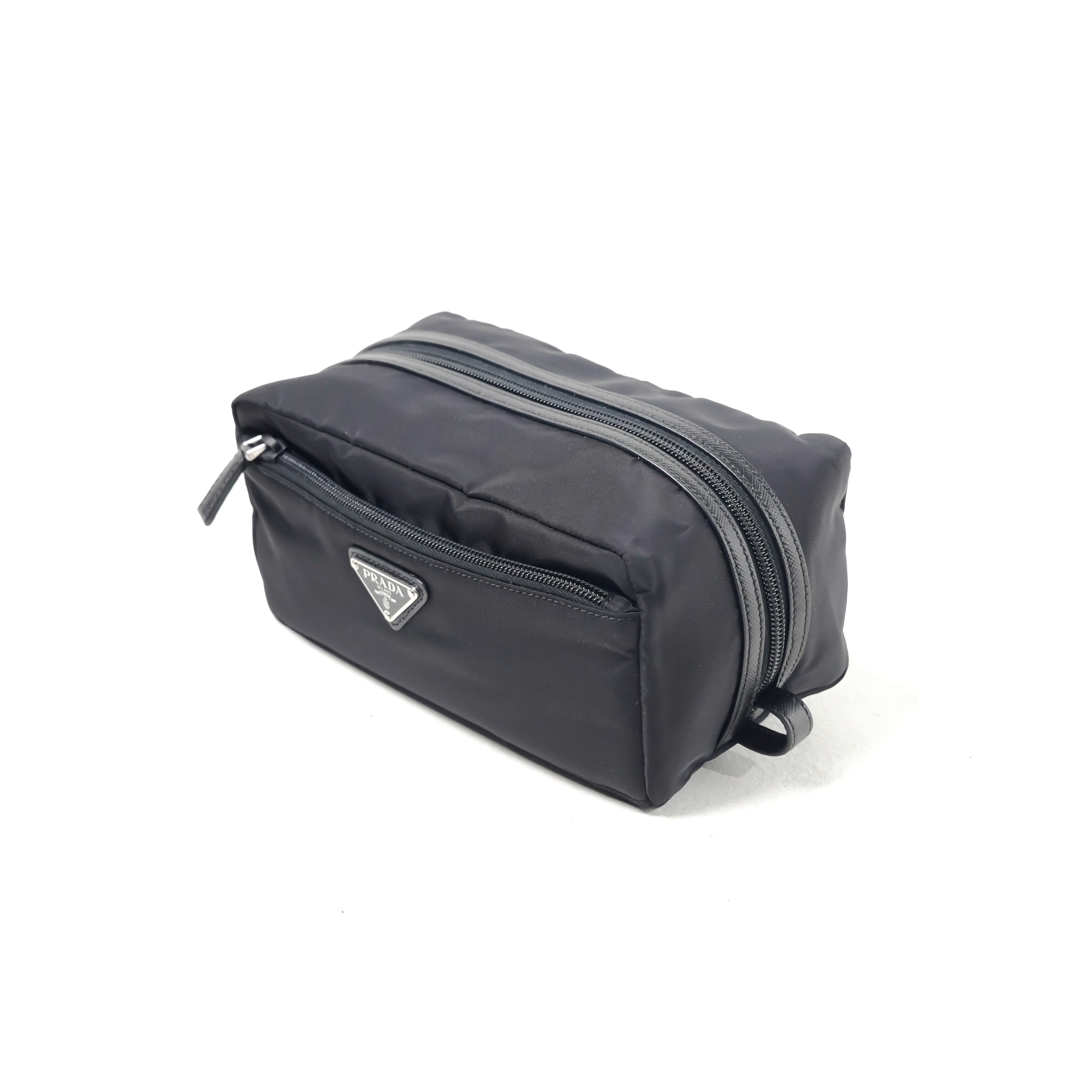 Prada Tas PRADA RE-NYLON TRIANGLE NYLON BLACK MULTI ZIP POUCH 100% ORIGINAL