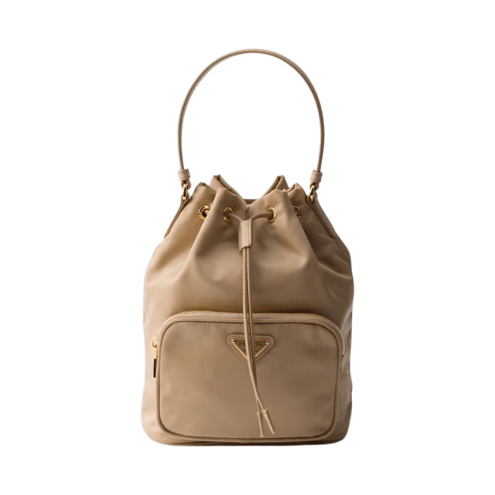 Prada Duet Re-Nylon Bucket Shoulder Bag Camel Brown