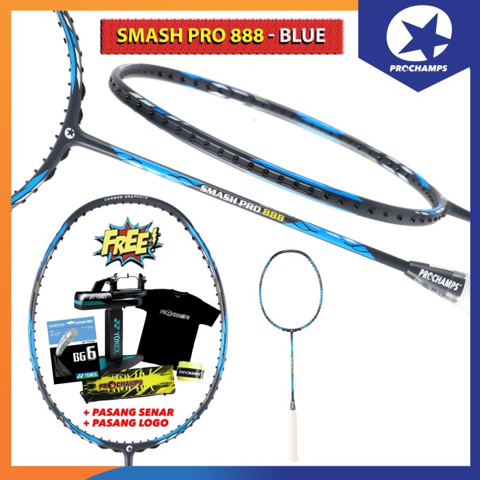 PROCHAMPS SMASH PRO 888RAKET BADMINTON ORIGINAL  (PAKET SENAR YONEX BG 6/BG 5 MATCH)-BLUE