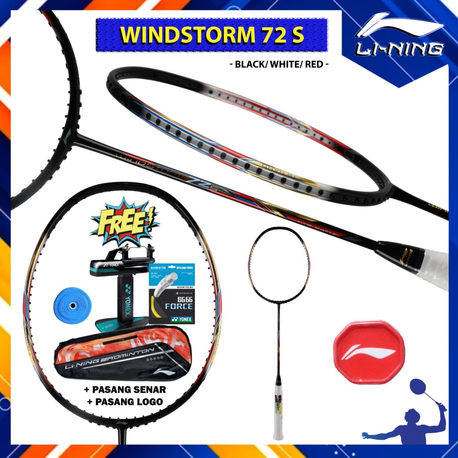 PROCHAMP New Raket Badminton LINING WINDSTORM 72 S / 72S / WS72S PAKET BG66F/NN98 - Black White Red