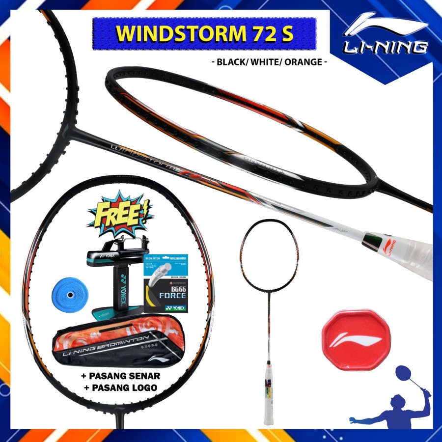 PROCHAMP New Raket Badminton LINING WINDSTORM 72 S / 72S / WS72S PAKET BG66F/NN98 - Black White Oran
