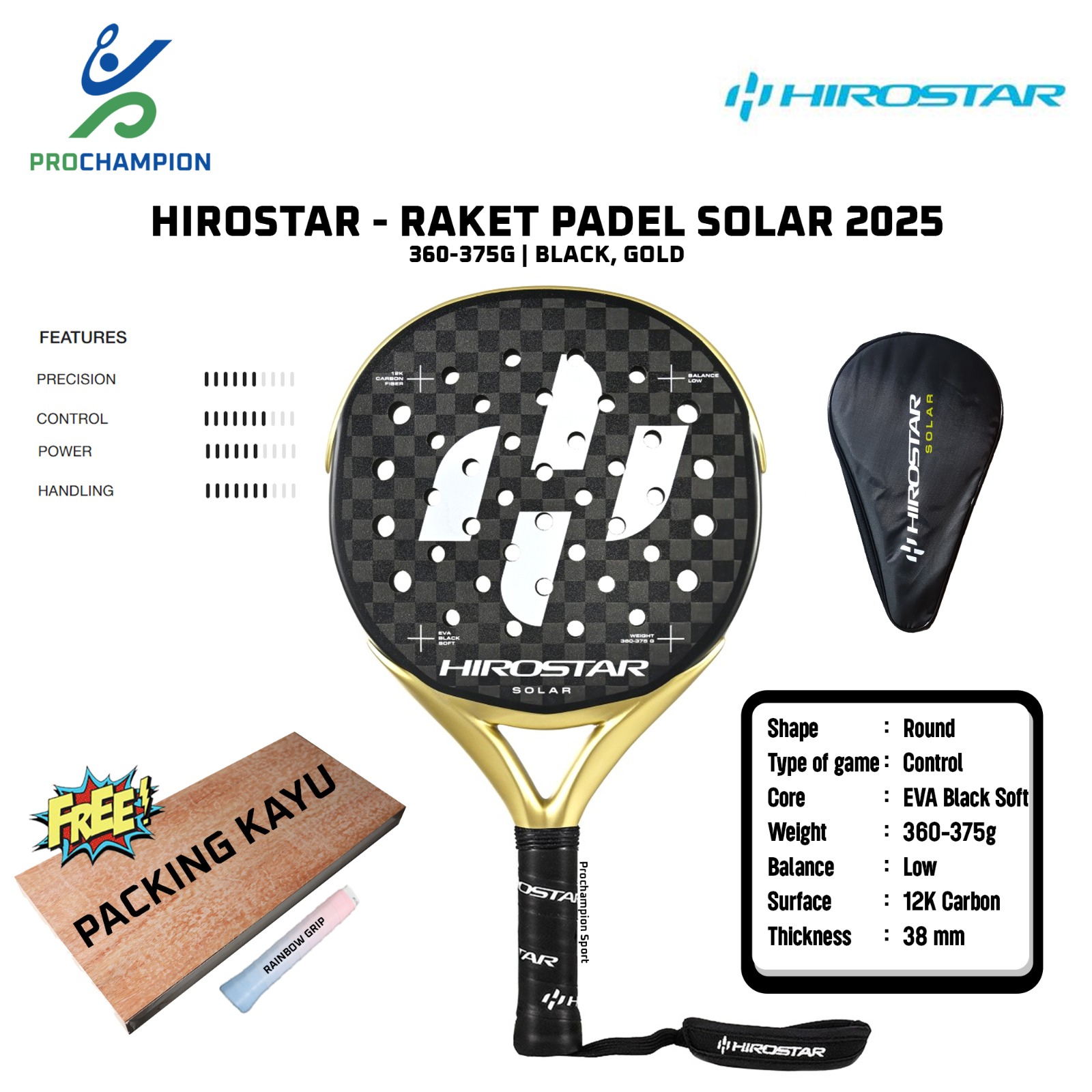 PROCHAMP Raket Padel Hirostar Solar 2025 360-375g Black Gold