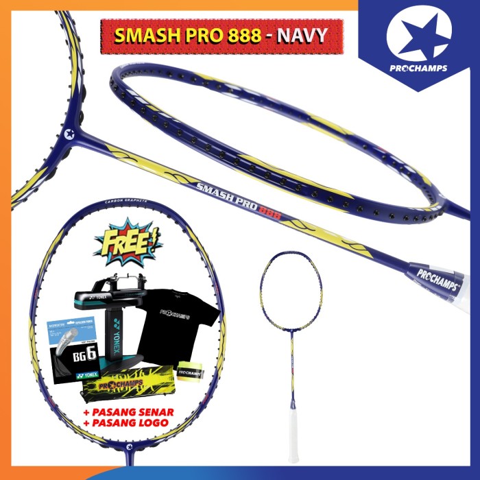 PROCHAMPS SMASH PRO 888RAKET BADMINTON ORIGINAL  (PAKET SENAR YONEX BG 6/BG 5 MATCH)-NAVY