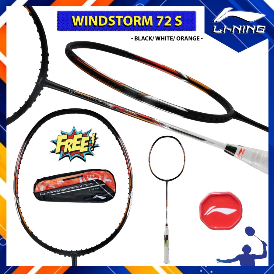 PROCHAMP New Raket Badminton LINING WINDSTORM 72 S / 72S / WS72S Raket Only - Black White Orange