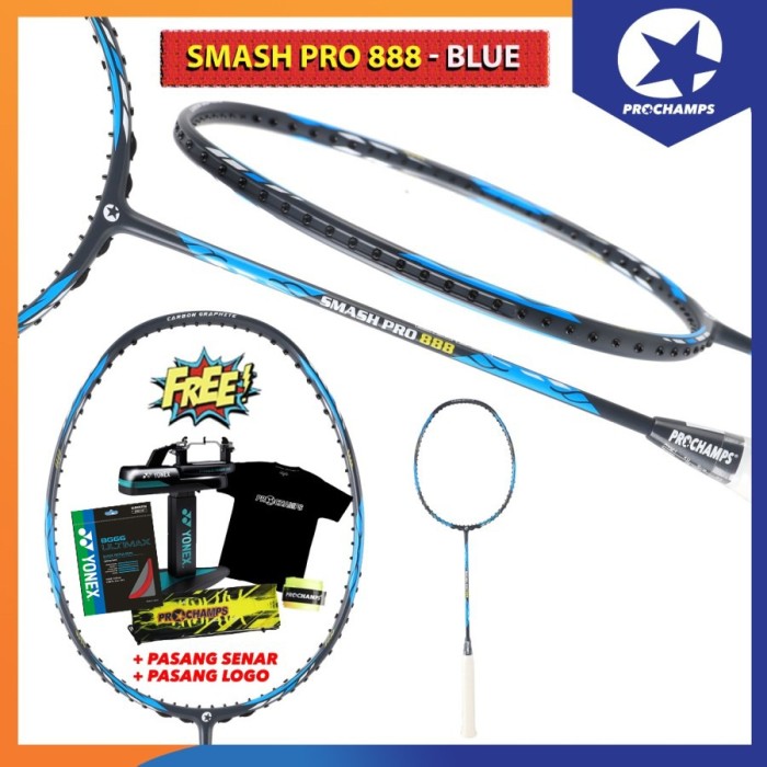 PROCHAMPS SMASH PRO 888RAKET BADMINTON ORIGINAL (PAKET SENAR YONEX BG 66UM/FORCE/NN98)-BLUE