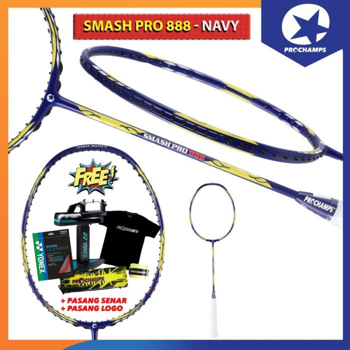 PROCHAMPS SMASH PRO 888RAKET BADMINTON ORIGINAL (PAKET SENAR YONEX BG 66UM/FORCE/NN98)-NAVY