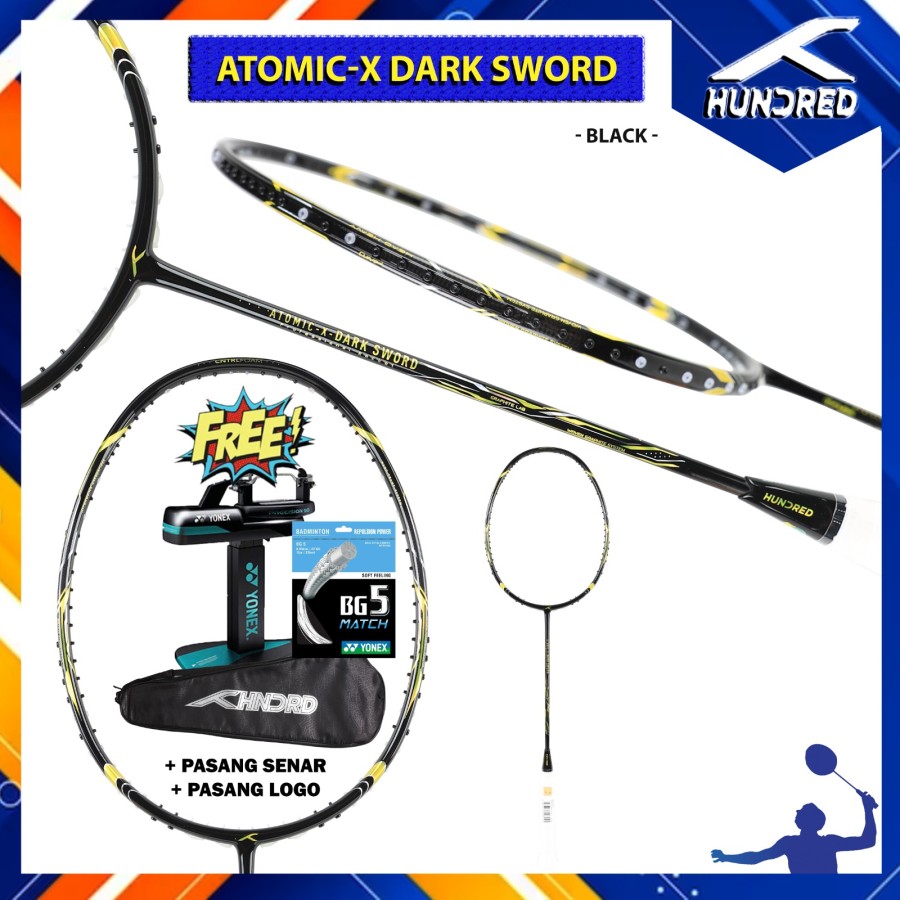 PROCHAMP RAKET BADMINTON HUNDRED ATOMIC - X / ATOMIC-X DARK SWORD PAKET BG 5 MATCH - BLACK