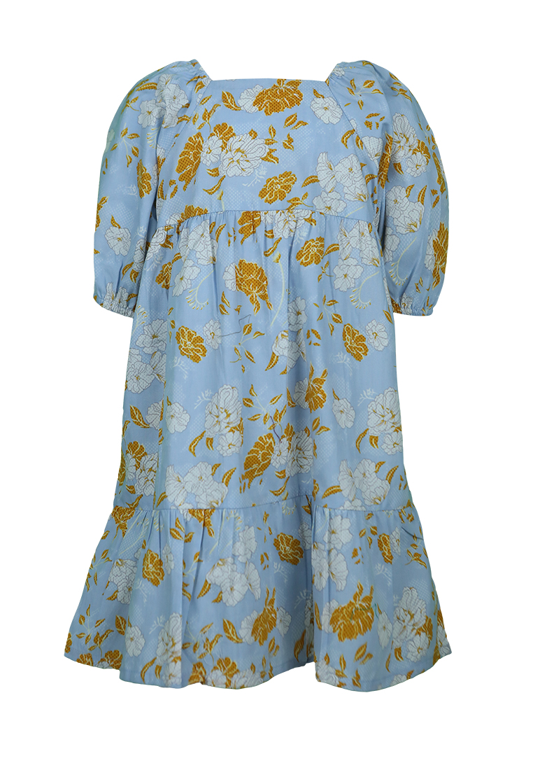 Qna Girl Queensha Midi Dress Anak Biru Motif Bunga