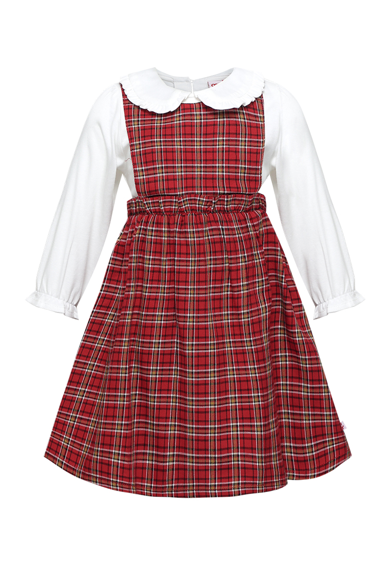 Qna Girl Evadne Overall Dress Midi Anak Merah Motif Kotak