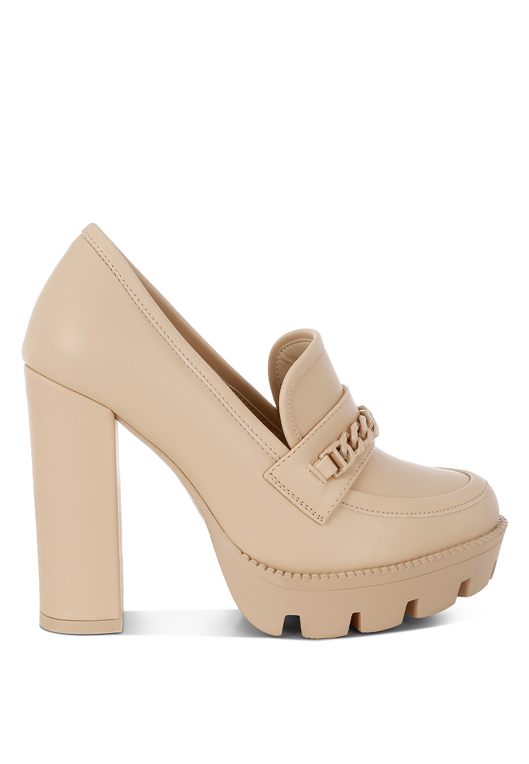 Rag & CO. Chunky Chain Link Heeled Loafers in Beige