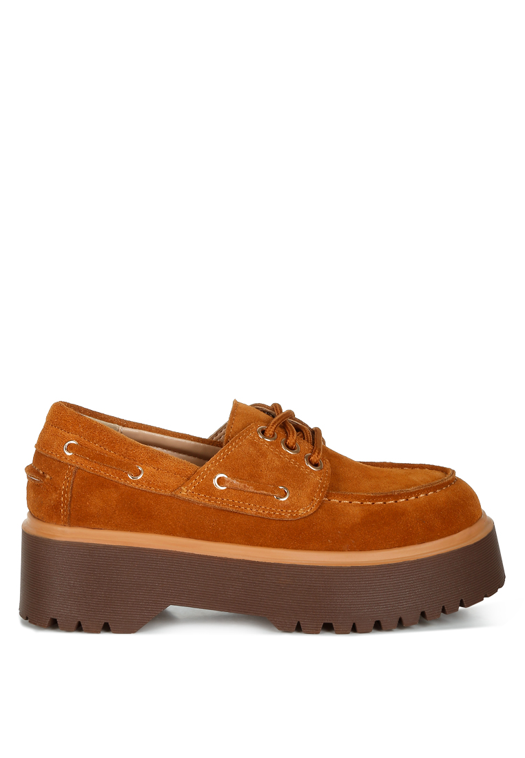 Rag & CO. Sepatu Loafer Oxford Suede Tebal Warna Coklat Keemasan