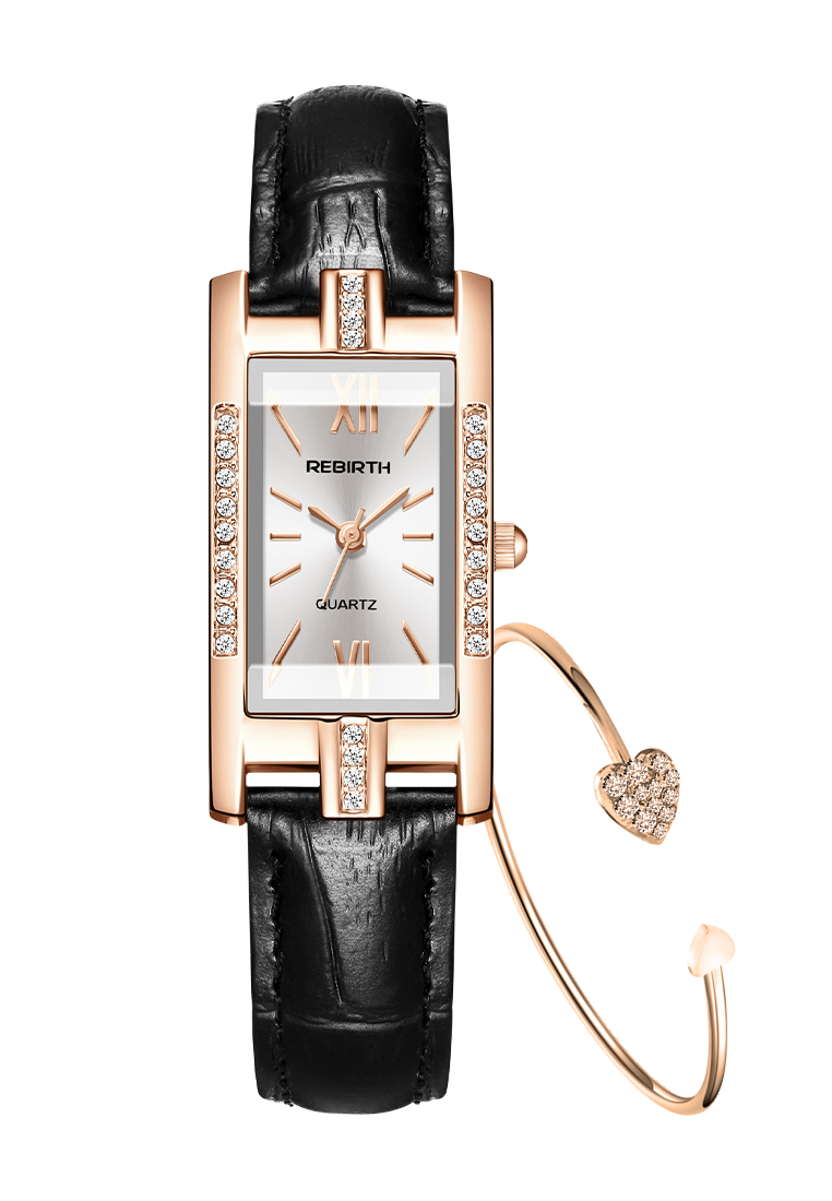 Rebirth Watch Jam Tangan Wanita Anggun Tali Kulit Berlian Jam Tangan Cewek Hitam