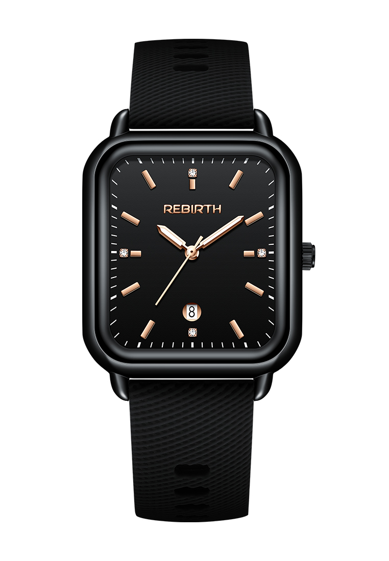 Rebirth Watch Jam Tangan Wanita Original Square Anggun Tali Silikon Anti Air Hitam