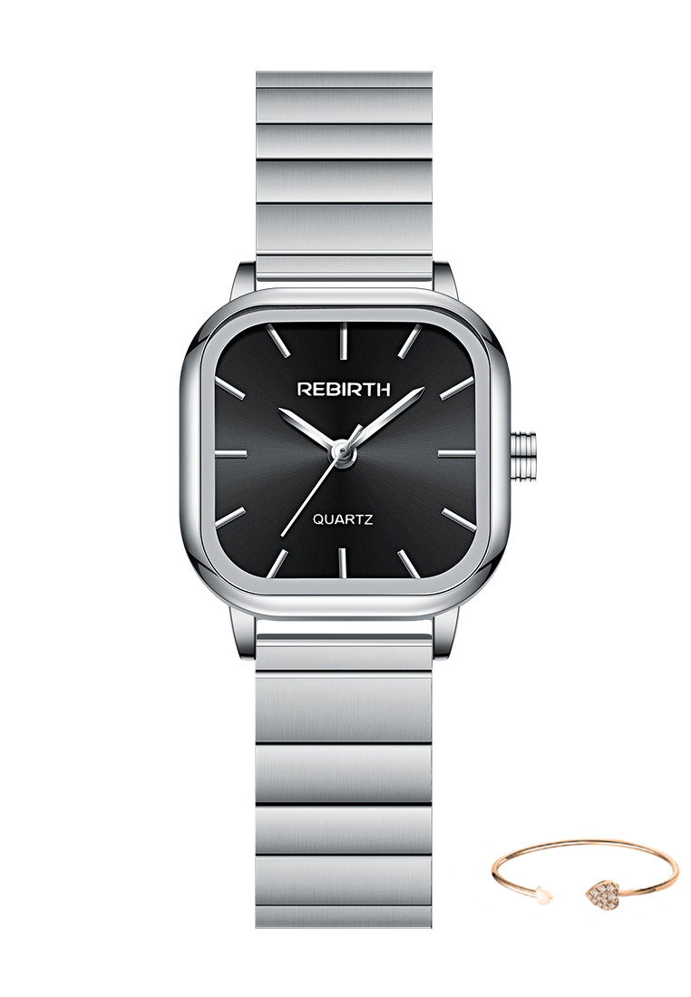Rebirth Watch Jam Tangan Wanita Original Square Anggun Tali Stainless Steel perak hitam