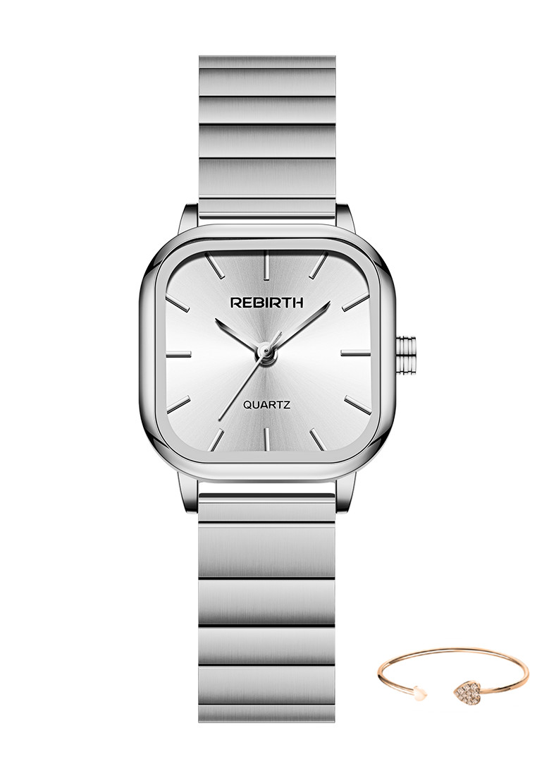 Rebirth Watch Jam Tangan Wanita Original Square Anggun Tali Stainless Steel perak putih