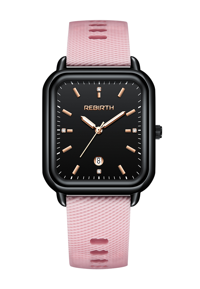 Rebirth Watch Jam Tangan Wanita Original Square Anggun Tali Silikon Anti Air Merah Jambu