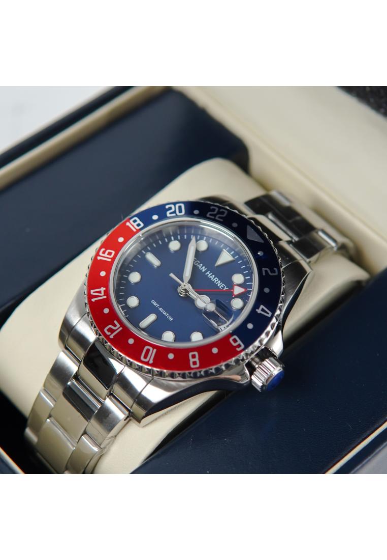 Regan Harney Jam Tangan REGAN HARNEY RH 009-01 GMT AVIATOR BLUE STAINLESS STEEL WATCH 100% ORIGINAL