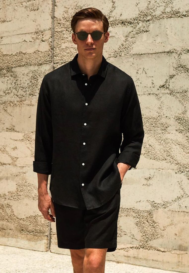 Remedy Midnight Setelan Kemeja Celana Linen Set Pria Hitam | Linen Set Men Black