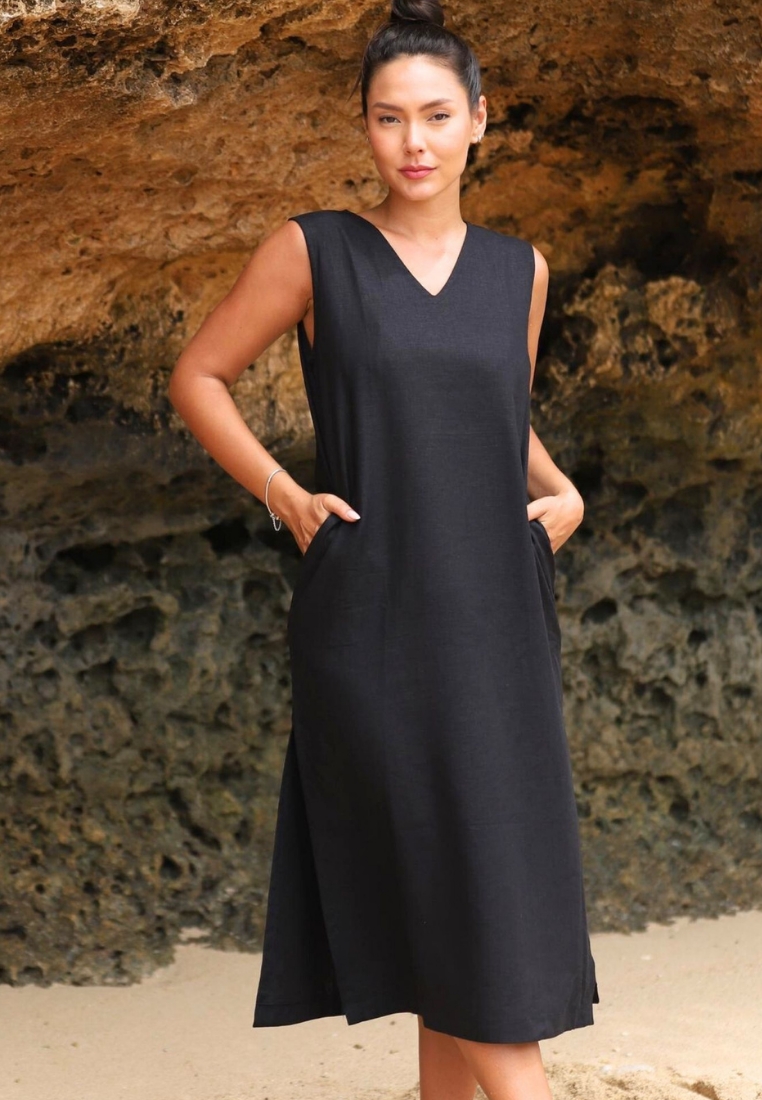 Remedy Midnight Dress Linen Wanita Hitam | Linen Dress Women Black
