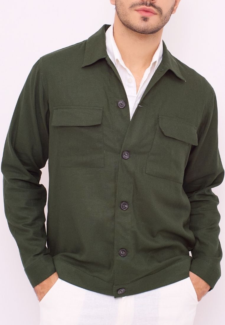 Remedy Elbrus Jaket Kemeja Outer Pria Linen Warna Hijau Army | Linen Shirt Jacket Men Army Green
