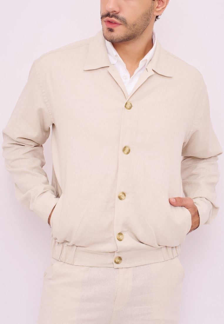 Remedy Aneto Jaket Bomber Pria Linen Warna Cream | Linen Bomber Jacket Men Cream