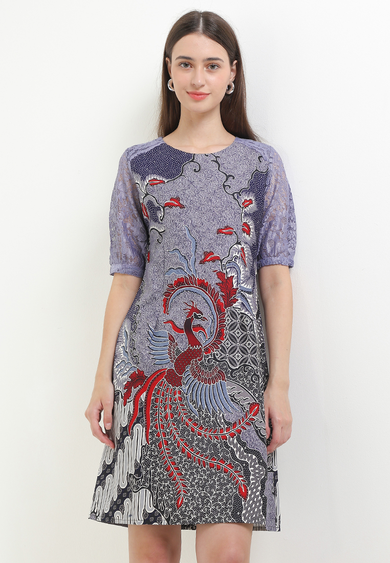 Rianty Batik Dress Wanita Batik Furing Lining Vencia Brokat Lengan Pendek Purple