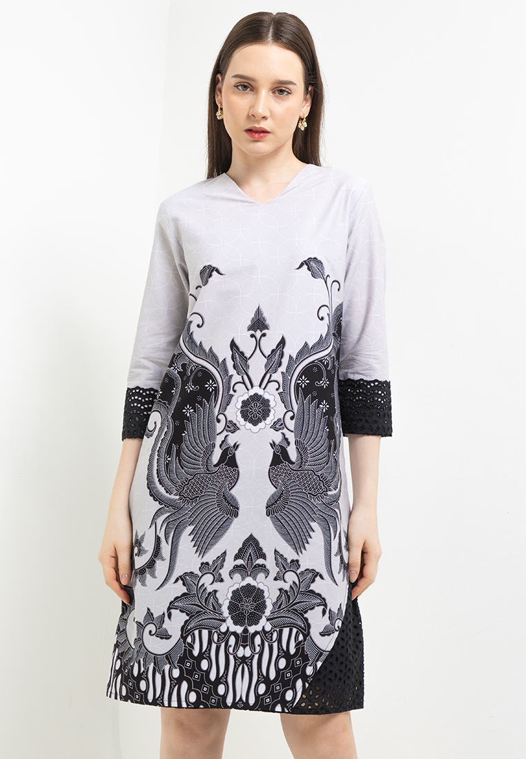 Rianty Batik Dress Tunik Wanita Batik Furing Lining Pradita Black Silver Grey