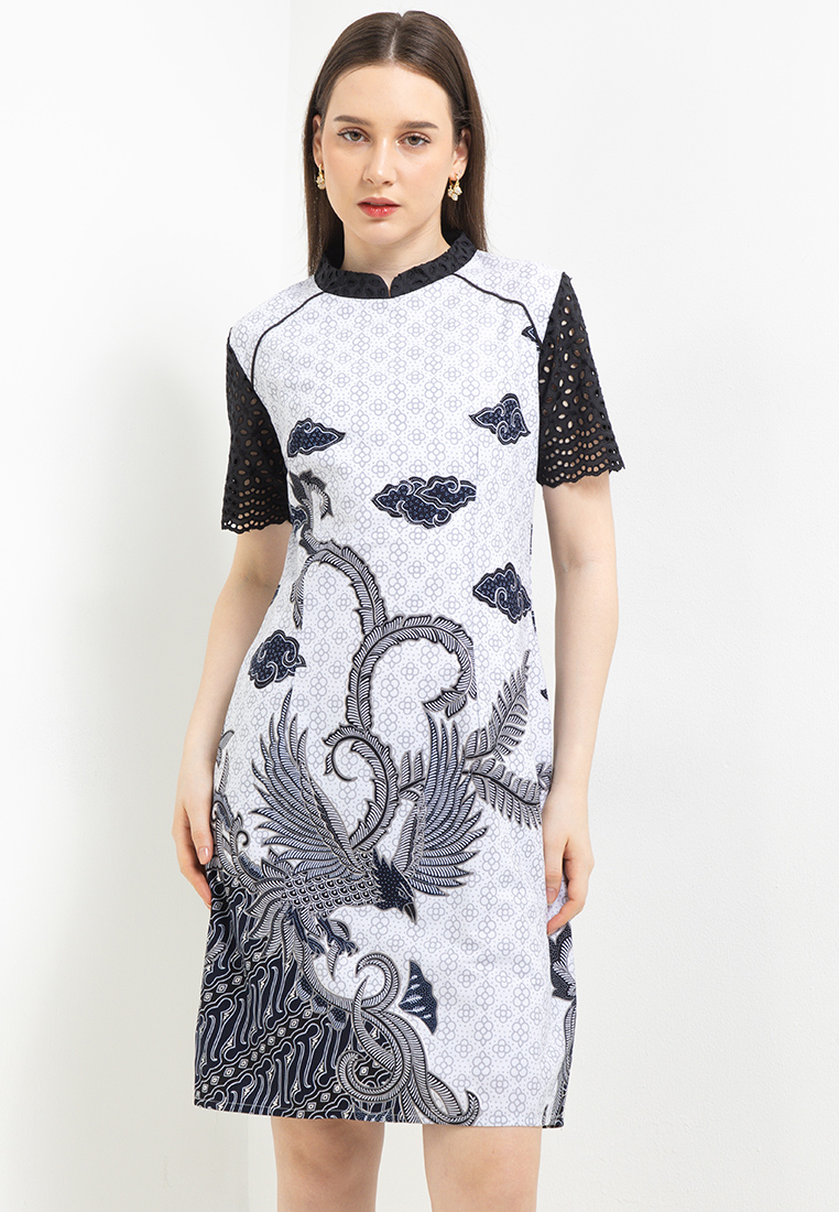 Rianty Batik Dress Wanita Batik Furing Lining Naswara Black Silver Grey White Lengan Pendek