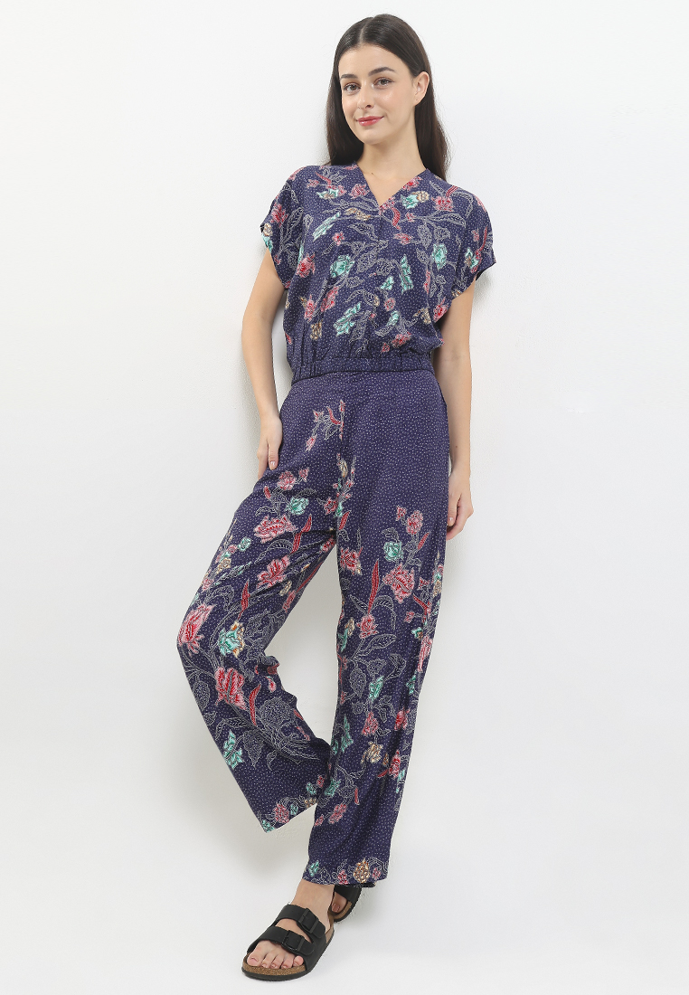 Rianty Batik Setelan One Set Wanita Atasan Crop Lalita Navy Lengan Pendek Katun Rayon