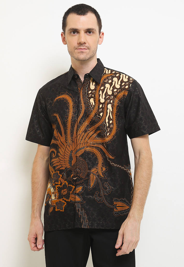 Rianty Batik Hem Batik Pria Lengan Pendek Prada Oliver Black Katun Premium