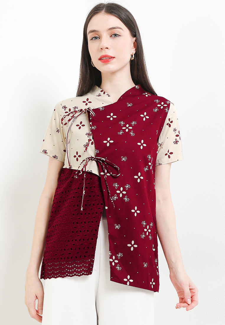 Rianty Batik Blouse Batik Wanita Furing Kombinasi Lace Brukat Areeya Merah Maroon Lengan Pendek Nata