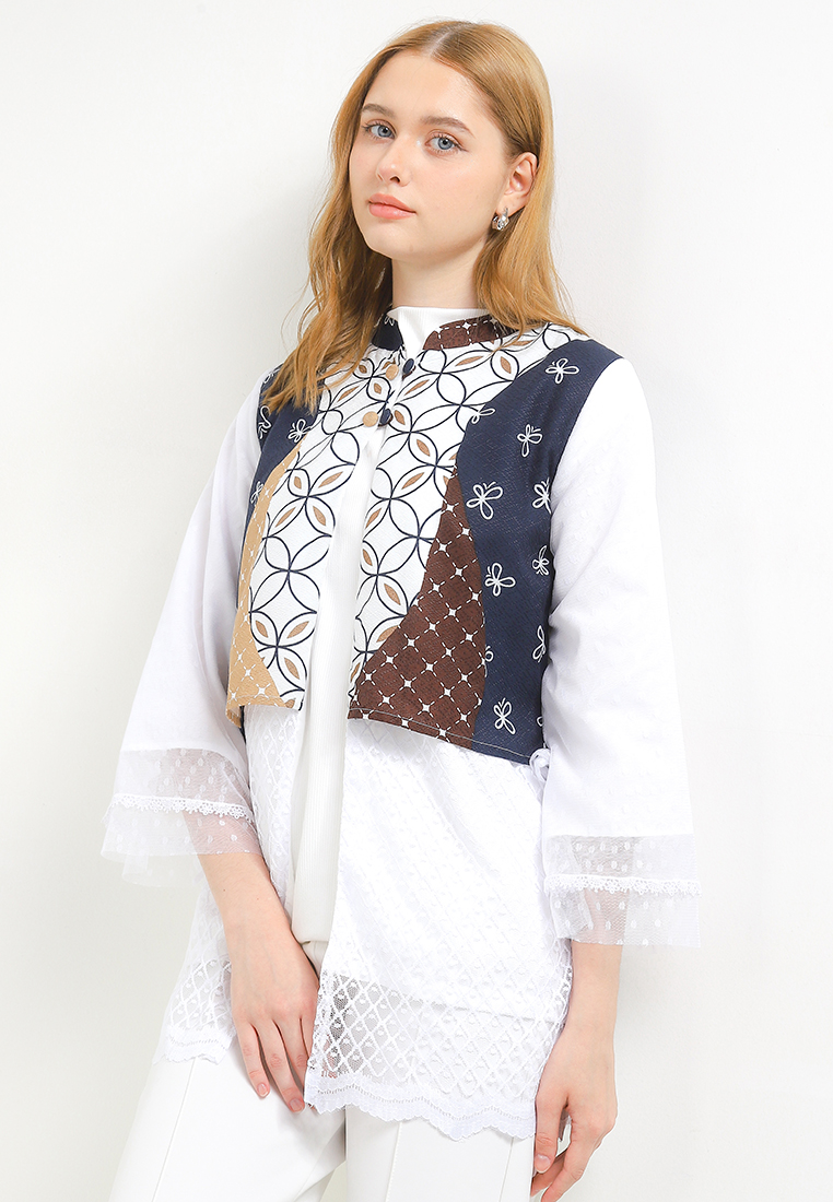 Rianty Batik Outer Cardigan Vest Muslim Atasan Wanita Zahira White Putih Raya Premium Lengan Panjang