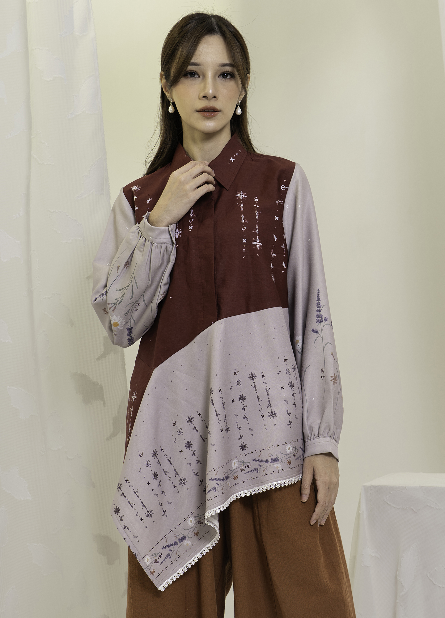 Rianty Batik Blouse Atasan Wanita Rianty x Ederra Arumpala Maroon Long Sleeve