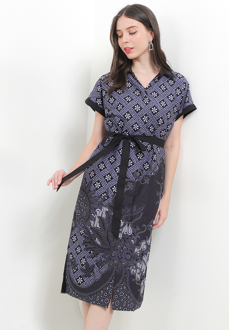 Rianty Batik Dress Batik Wanita Davena Short Sleeves Lining Black Navy Belt