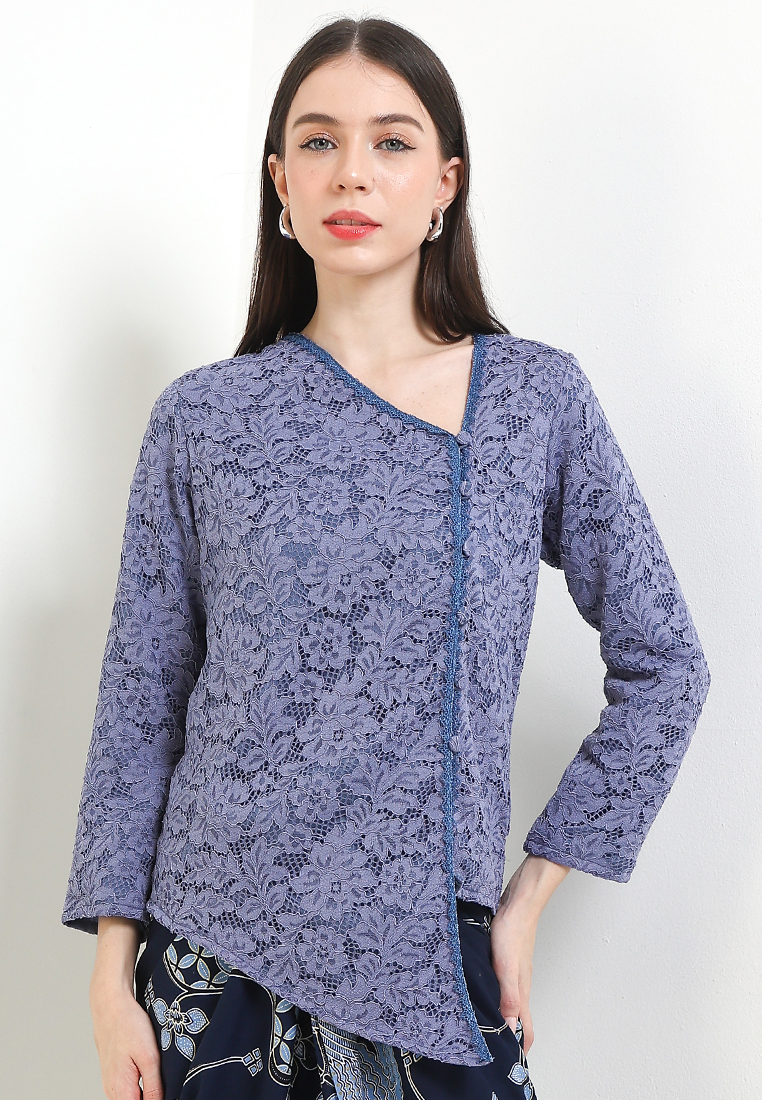 Rianty Batik Blouse Lace Kebaya Muslim Brokat Reswara Lengan Panjang Full Furing Blue