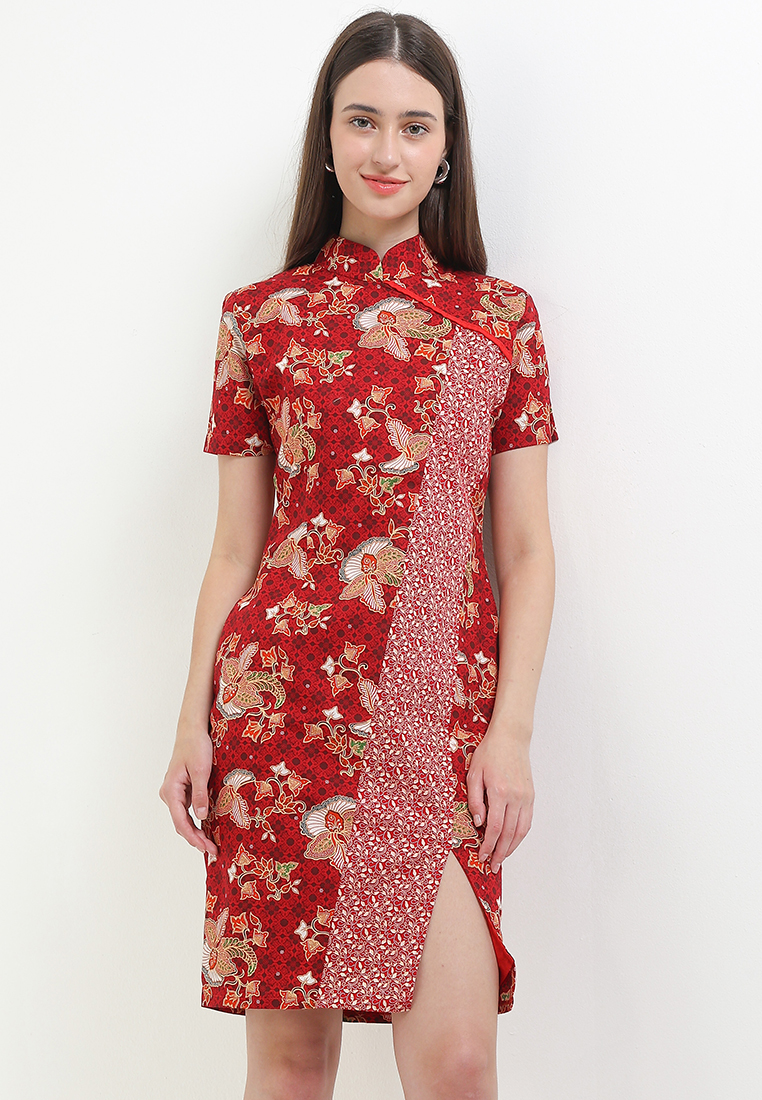 Rianty Batik Dress Batik Wanita Furing Rui Merah Maroon Lengan Pendek Natal Imlek Cheongsam Bodyfit
