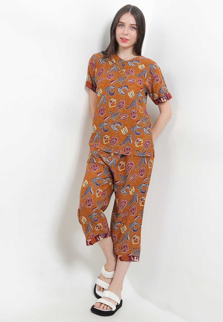 Rianty Batik Setelan Baju Tidur Wanita Lengan Pendek Katun Rayon Venia Brown Tersedia Jumbo Size