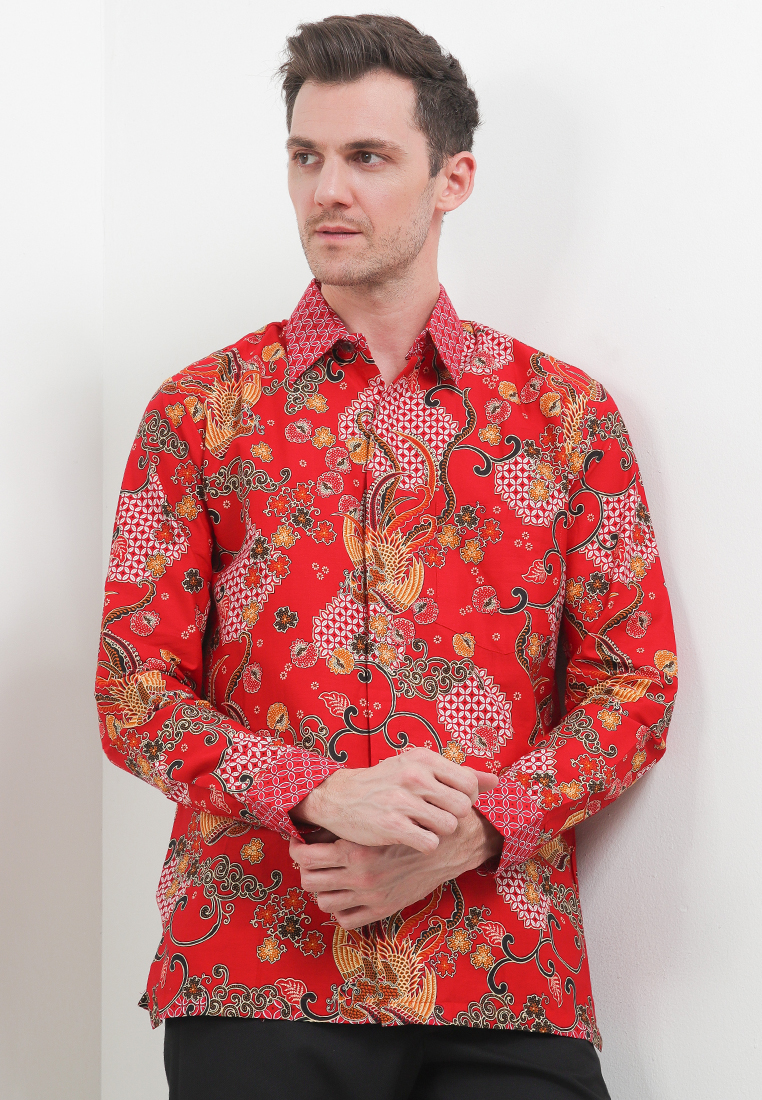 Rianty Batik Kemeja Pria Lengan Panjang Batik Luciano Imlek Cheongsam Merah Red
