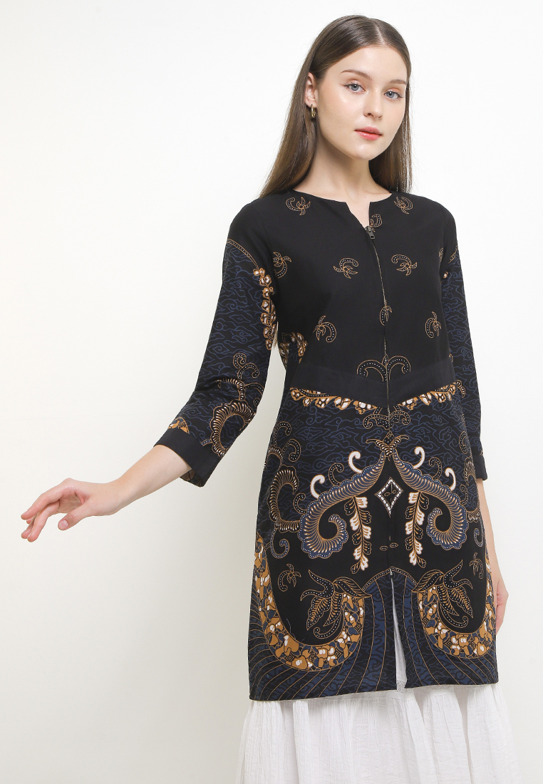 Rianty Batik Tunik Outer Vest Cardigan Muslim Atasan Wanita Batik Katun Premium Andine  Dark Lengan 