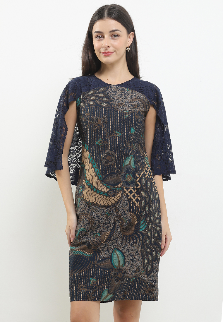 Rianty Batik Dress Wanita Arasya Brokat Bodyfit Navy Lengan Pendek
