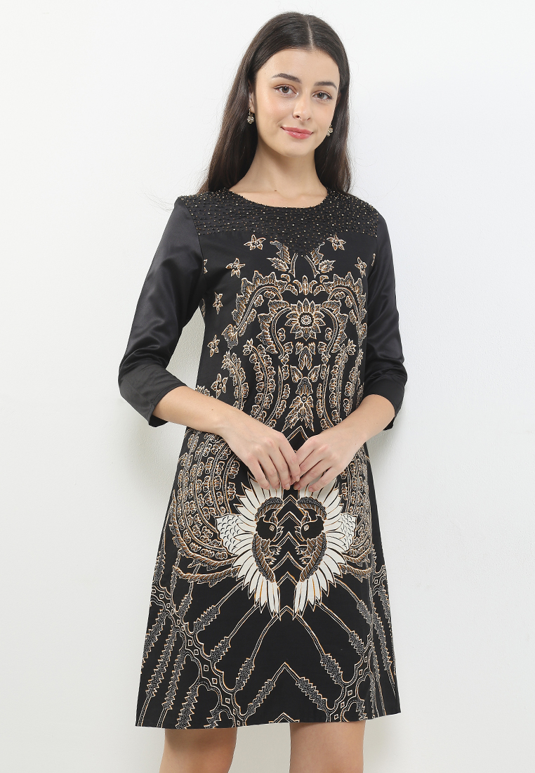 Rianty Batik Dress Wanita Aleza Satin Premium Lengan Pendek Navy